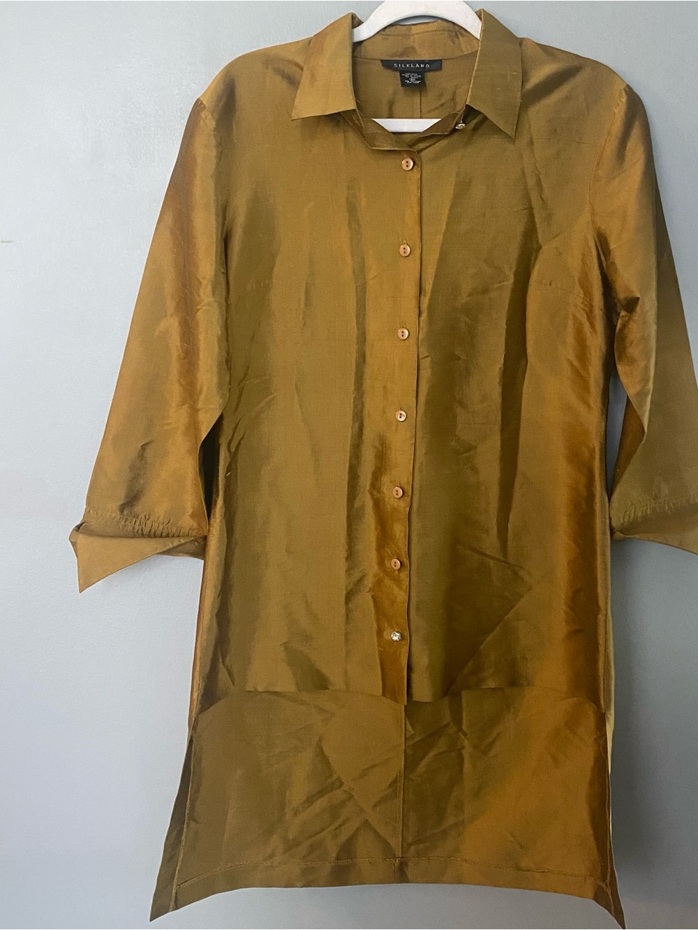 Silkland 100% Silk Women’s Olive Gold Tunic Blouse High Low Cut Med